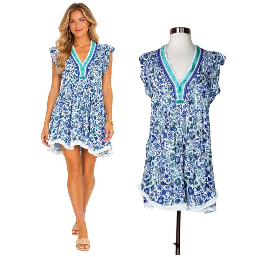 Poupette St Barth | Sasha Blue White Floral Boho Fringe Beach Mini Dress Medium